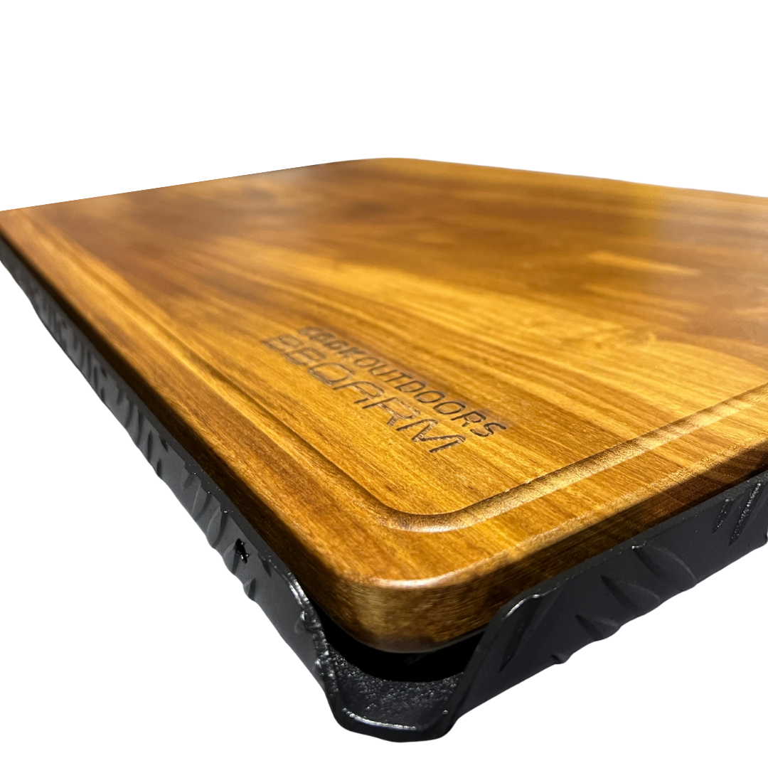 BBQARM teak cutting board mounted on BBQARM tray for caravan and camping outdoor food preparation