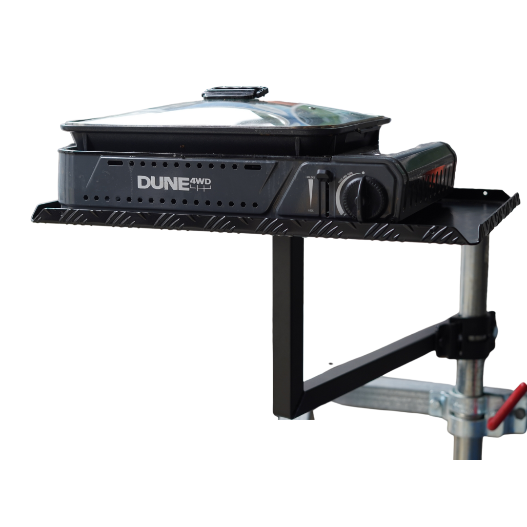 BBQARM Mate clamp-on mounting arm with aluminium tray attached to jockey wheel shaft