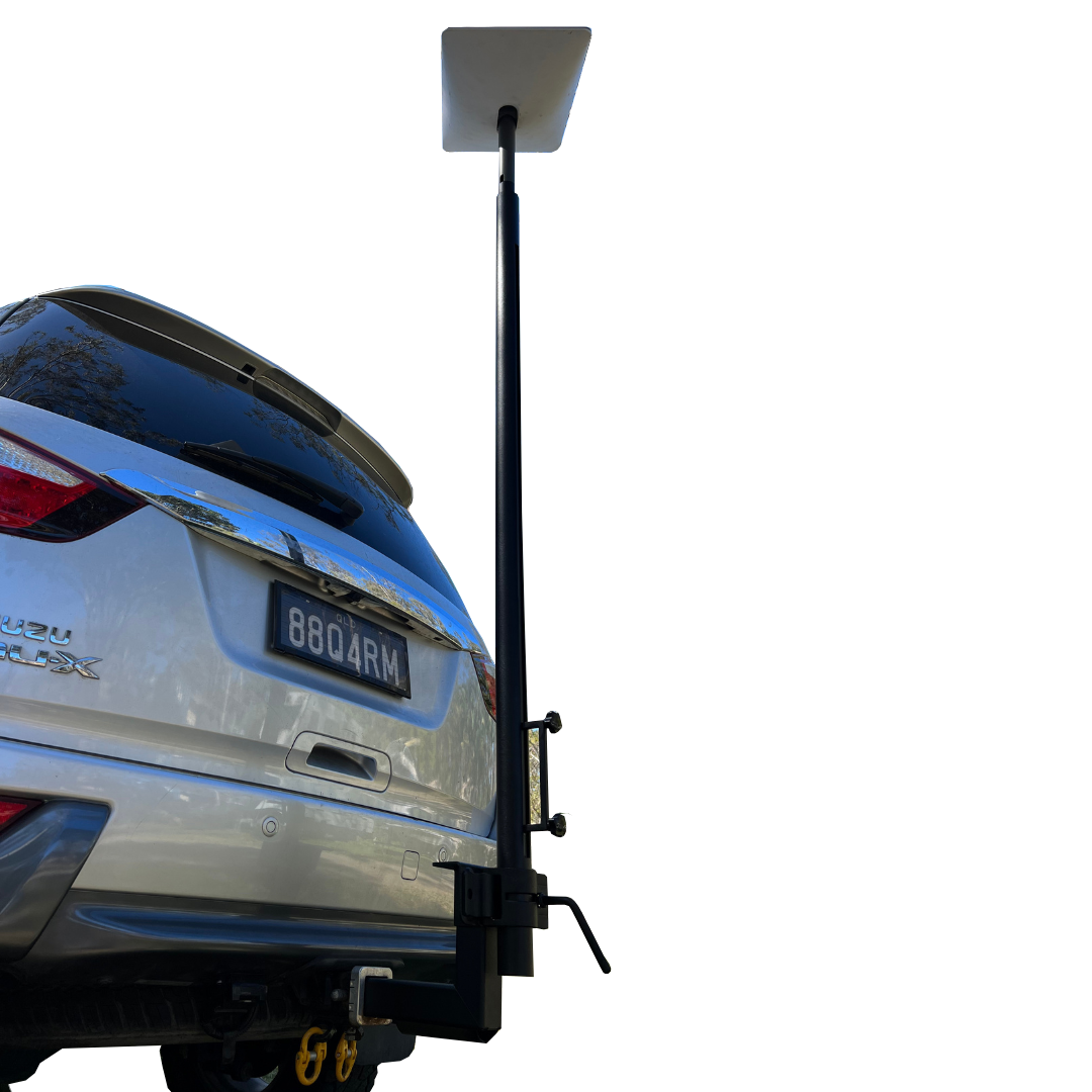 BBQARM telescopic Starlink RV pole mounted to vehicle tow hitch using rear hitch mount bracket