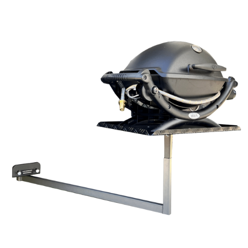 BBQARM swing away arm and tray kit for under chassis mounting on caravans for outdoor cooking setup