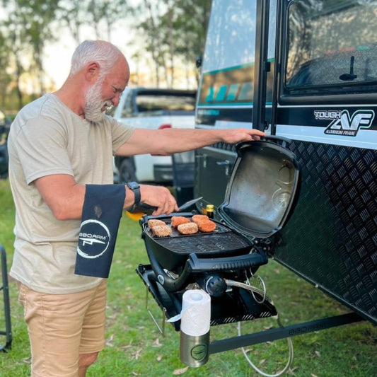 BBQARM swing away arm and tray kit for under chassis mounting on caravans for outdoor cooking setup