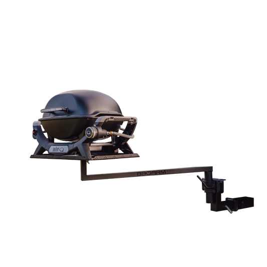 BBQARM vehicle tow hitch mount swing-away arm with tray for portable outdoor cooking and camping setups