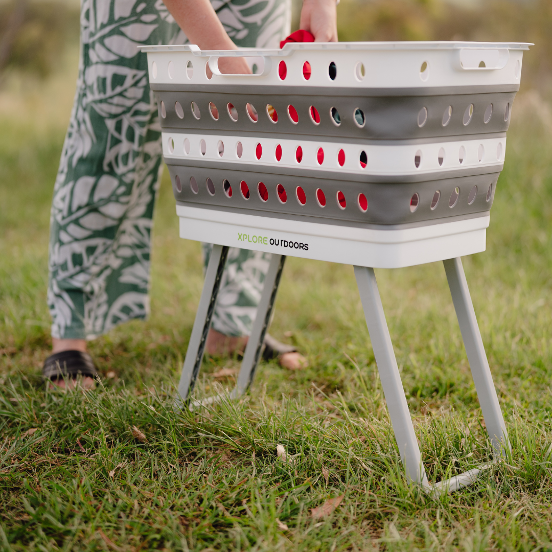 Xplore Outdoors collapsible camping laundry basket with foldable legs for caravan and camping use