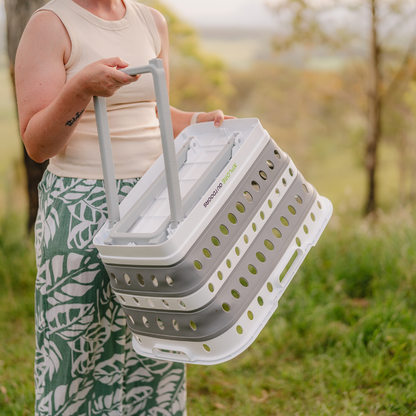 Xplore Outdoors collapsible camping laundry basket with foldable legs and carry handles for caravan and camping