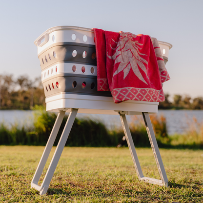 Xplore Outdoors collapsible camping laundry basket with foldable legs for caravan and camping laundry use