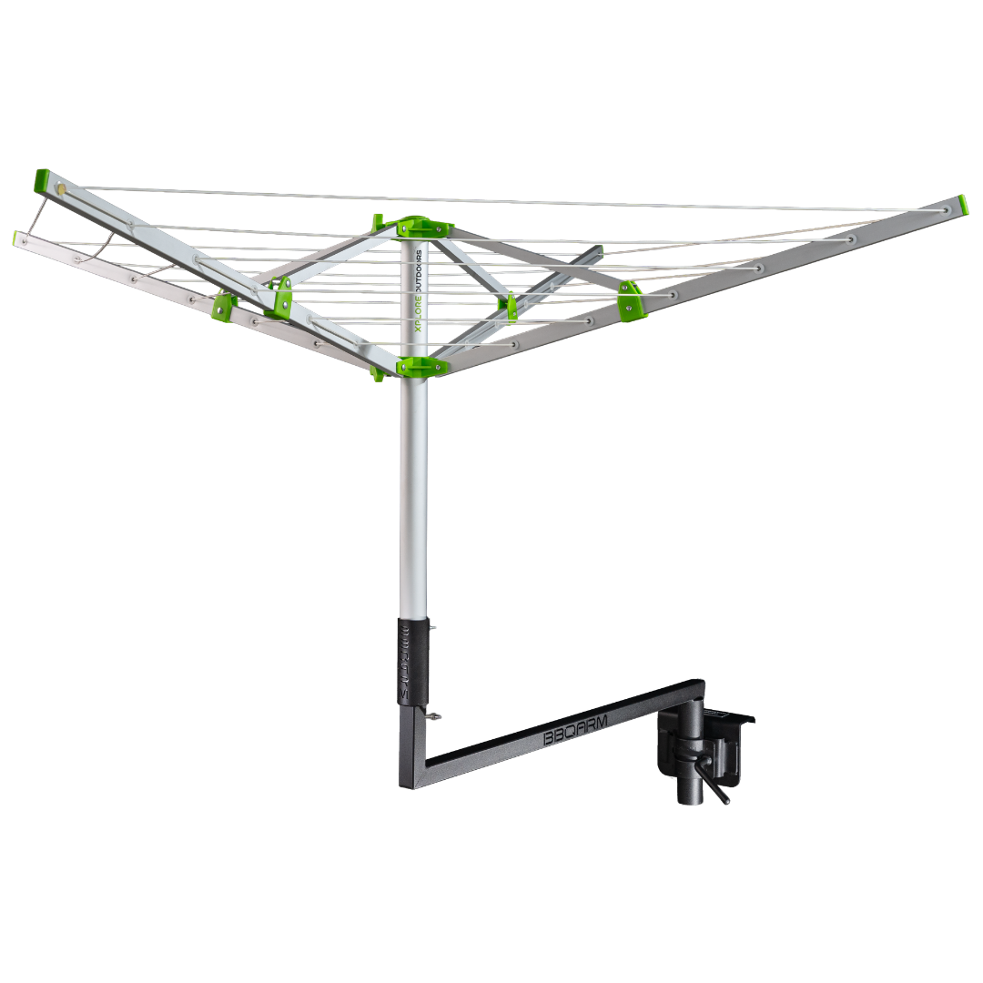 BBQARM Clothesline Connector Kit on swing away arm holding portable xplore outdoors foldable camping clothesline