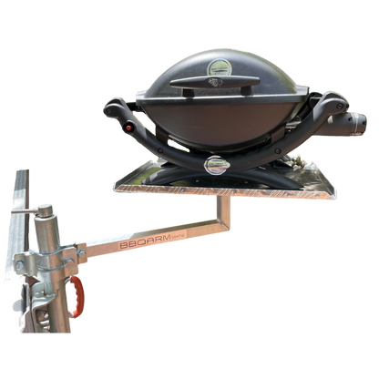 BBQARM Mate clamp-on mounting arm with aluminium tray attached to jockey wheel shaft