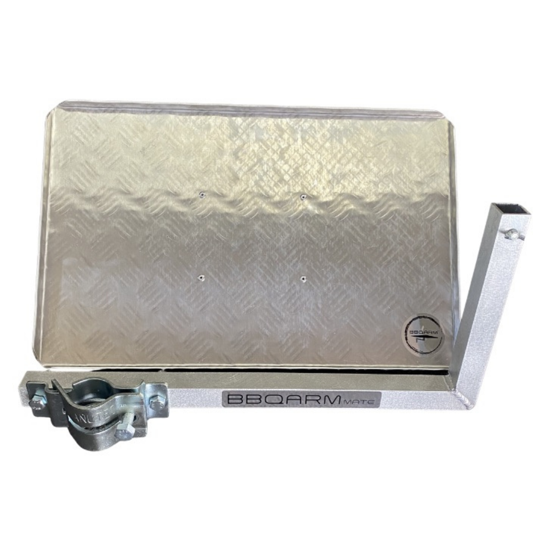 BBQARM Mate clamp-on mounting arm with aluminium tray attached to jockey wheel shaft