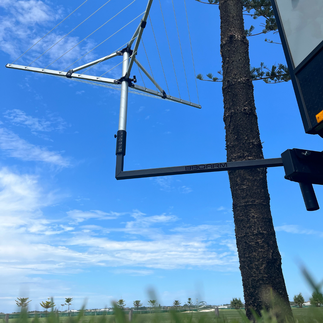 BBQARM clothesline connector accessory for attaching camping clothesline to BBQARM swing arm and tray